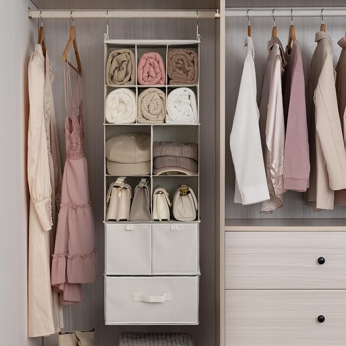 GRANNY SAYS Hanging Closet Organizer, 3 Drawers, 6 Shelves, Beige | Hanging Closet Organizer with 3 Different Drawer Designs, 6 Shelves & Reinforced Structure for Organized Small Spaces - Image 2