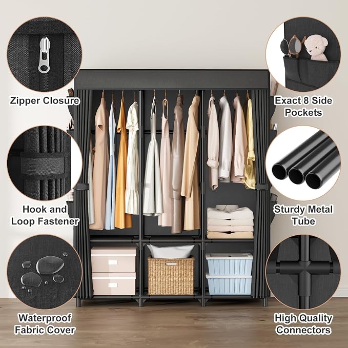 Wardrobe Closet, Portable Closets for Hanging Clothes 19mm Steel Tube Portable Wardrobe Closet for Bedroom, Clothes Rack with Cover, 3 Hanging Rod, 6 Storage Shelves and Side Pocket - Image 5