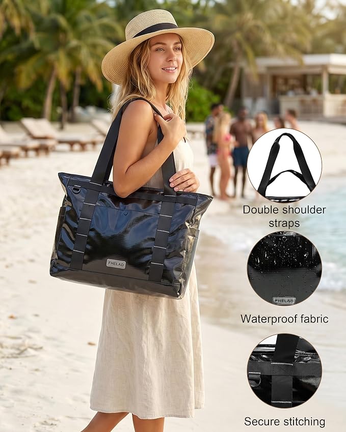 FHELAD Extra Large Glossy Tote Bag for Women, Beach Shoulder Bag 25L | Waterproof Sandproof, 15.6" Laptop Compartment, Luggage Strap, Work, Travel - Image 3