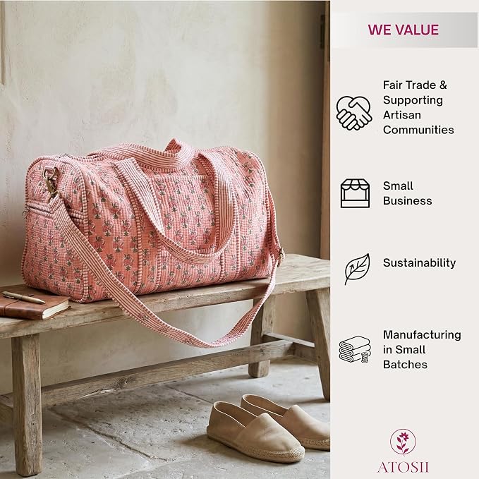 ATOSII Large Duffle Bag, Handblock Print 100% Quilted Cotton for Overnight Trip, Travel Weekender, Luggage, 2 Pockets with Zipper 1 Front Pocket, Detachable Long Strap, 20 X 10 X 12 Inches, Peach Aura - Image 5