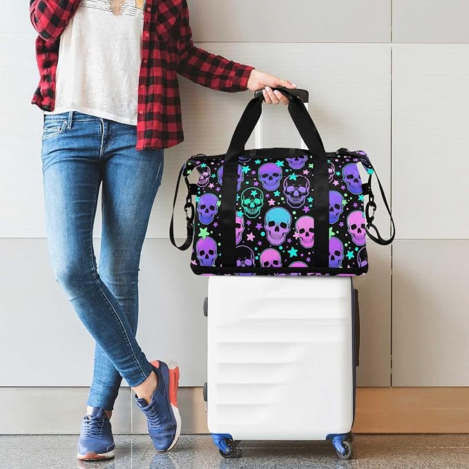 Travel Duffel Tote Bag Stars Purple Skulls Sports Duffel Bag with Wet Pocket Weekender Overnight Bag for Women Men Gym Bag, Carry On Bag Hospital Bag for Labor and Delivery - Image 6