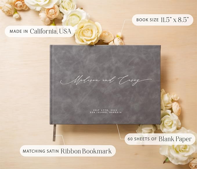 Personalized Guestbook in Slate Gray - Premium Custom Modern Guest Book for Wedding Reception, Birthday Party or Events w/Bookmark Blank Pages for Signing 11.5 x 8.5 inches - Image 3