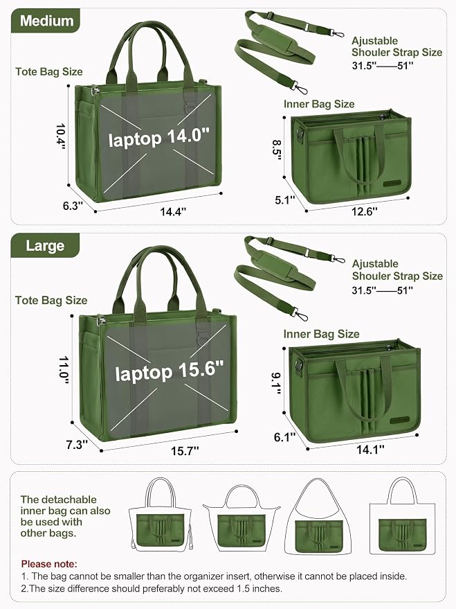 BESBESME Women’s Canvas Tote Bag with Zipper and Compartments – Multi-Pocket Laptop Work Crossbody Shoulder Tote Purse - Image 4