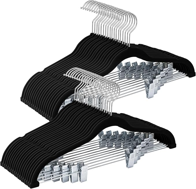 36-Pack Black Velvet Hangers with Clips Adjustable,Adult Hangers,Heavy-Duty,Felt,Non-Slip,Space Saving,Slim Outfit Hanger for Pants, Skirts, Suits,Coats, Dresses ect. by Uilmart