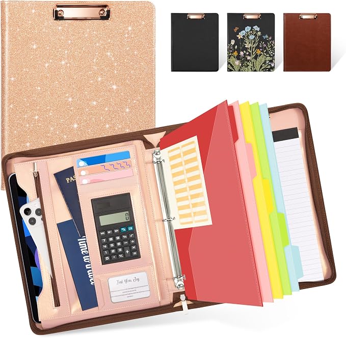 Ospelelf Clipboard with Storage, 3 Ring Binder with Zipper, Leather Padfolio Portfolio Folder, Calculator, 12.1” Tablet Sleeve, 5 Dividers with Pocket|Refillable Notepad, Card Slot (Rose Gold) by OspelelfOfficeSupplies