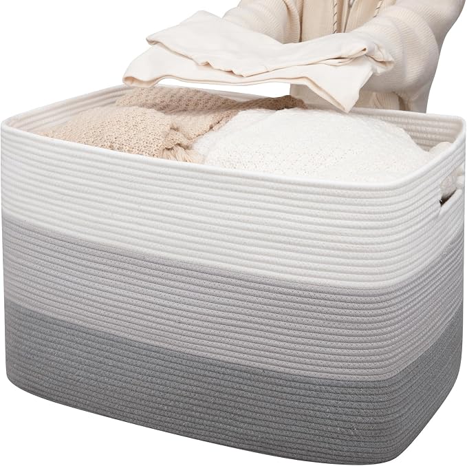 OIAHOMY 118L Extra Large Blanket Basket, Rectangle Woven Cotton Rope Storage Basket, Used for storing Dirty Clothes, Stuffed Animal Toy Storage for Living Room,Kids Room,25" x 17" x 16", Gradient Grey by MasterofSpaceOptimization