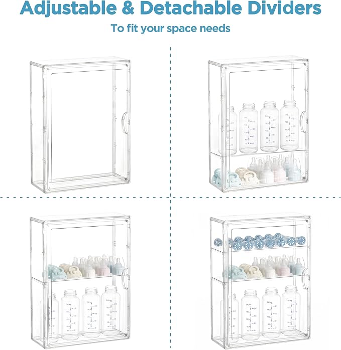 HBlife Baby Bottle Storage Organizer for Countertop Cabinet, 3 Tiers Adjustable Clear Acrylic Bottles Storage Station Case Box Container with 2 Removable Dividers and Magnetic Door, Medium - Image 7