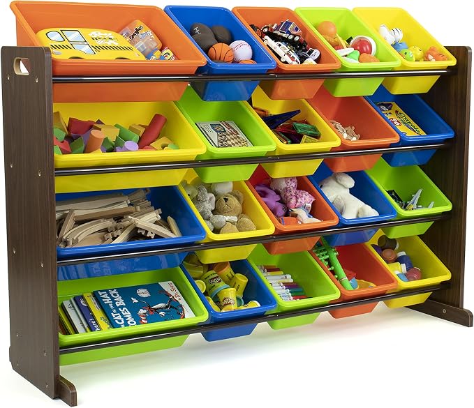 Humble Crew Extra-Large Toy Organizer with 20 Plastic Bins – Dark Walnut/Neon Storage Rack with 4-Tier Shelves, Anti-Tip Safety, for Kids’ Rooms, Playrooms, Nurseries & Classrooms by HumbleCrew