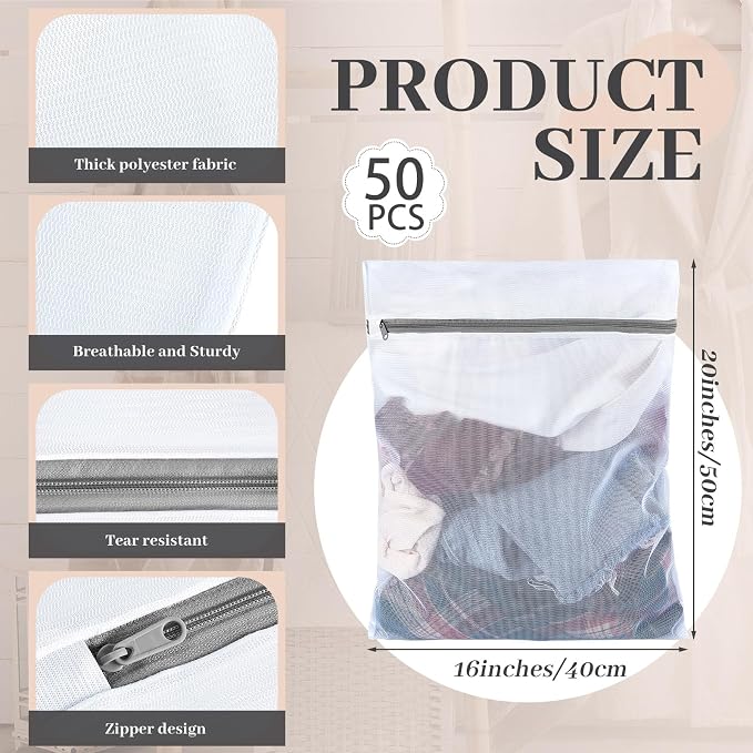 Nuenen 50 Pcs Mesh Laundry Wash Bags with Zipper Machine Washable Lingerie Bags for Washing Delicates Clothes Garment Underwear Blouse Hosiery Socks Travel (16 x 20 Inches,Gray) - Image 2