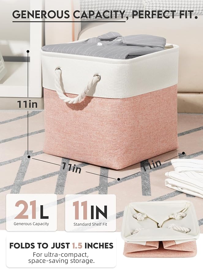 Temary 11 Inch Storage Cubes, Sturdy Fabric Bins with Metal Support & Soft Rope Handles, 6 Pack Foldable Nursery Organizer Baskets for Clothes, Home (White & Pink) - Image 2