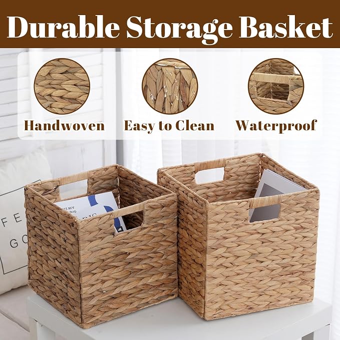 Wicker Storage Cubes, Foldable Storage Bins, 12x12x12 Inch, 2-Pack | 2-pack 12x12x12" foldable water hyacinth wicker cubes; collapsible storage bins for shelves, closets and home organization. - Image 4