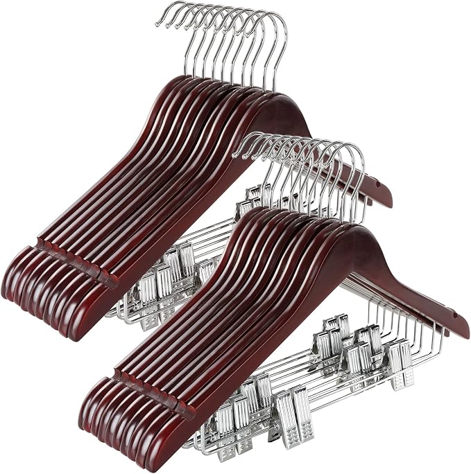 TOPIA HANGER Wooden Suit Hangers with Adjustable Metal Clips (20 Pack), Solid Wood Clothes Hangers, 360° Swivel Hook, Premium Retro Finish Pants Hangers for Clothes Coat, Jeans, Blouse- Cherry CT28M20 by TOPIAHANGER