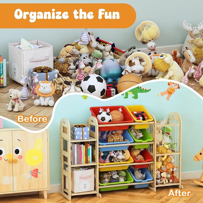 Toy Storage Organizer, Toy Organizers and Storage with Stuffed Animal Storage, Kids Toy Storage Shelf with 3 Shelves 8 Storage Bins, Kids Bookshelf, Toy Holder for Playrooms, Bedrooms, Multi Color - Image 5