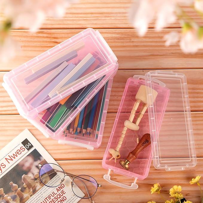 Gueevin 24 Pcs Large Capacity Plastic Pencil Box Clear Plastic Pencil Case Crayon Box with Snap Tight Lid Watercolor Pen Storage Brush Organizer Drawing Tools Container (Light Pink) - Image 5