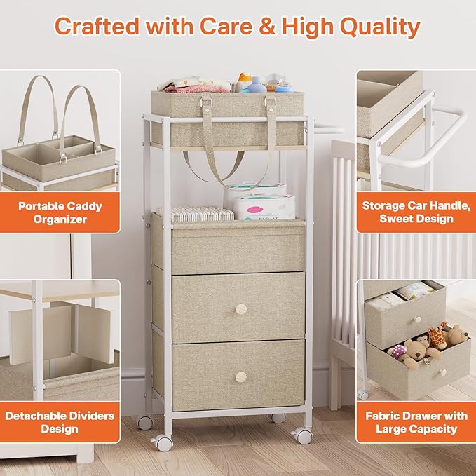 3In1 Modanais Baby Diaper Caddy Organizer Cart with Drawers, Off White | Rolling Storage Cart, Removable Diaper Caddy, Detachable Dividers - for Crib, Bedroom, Art & Craft Organizer - Image 4