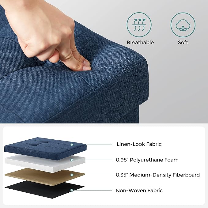 SONGMICS MAZIE Collection - 30 Inches Folding Storage Ottoman Bench, Ottoman Foot Rest, End of Bed Bench, Storage Chest, Load 660 lb, for Living Room, Bedroom, Entryway, Midnight Blue ULSF47IN - Image 4