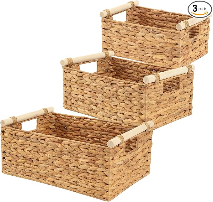 Woven Storage Baskets, Wicker Shelf Baskets, 3-Pack, 3 Sizes | 3-piece rectangular woven basket set in small, medium and large sizes; natural wicker organizers for shelves and cabinets. by Unknown