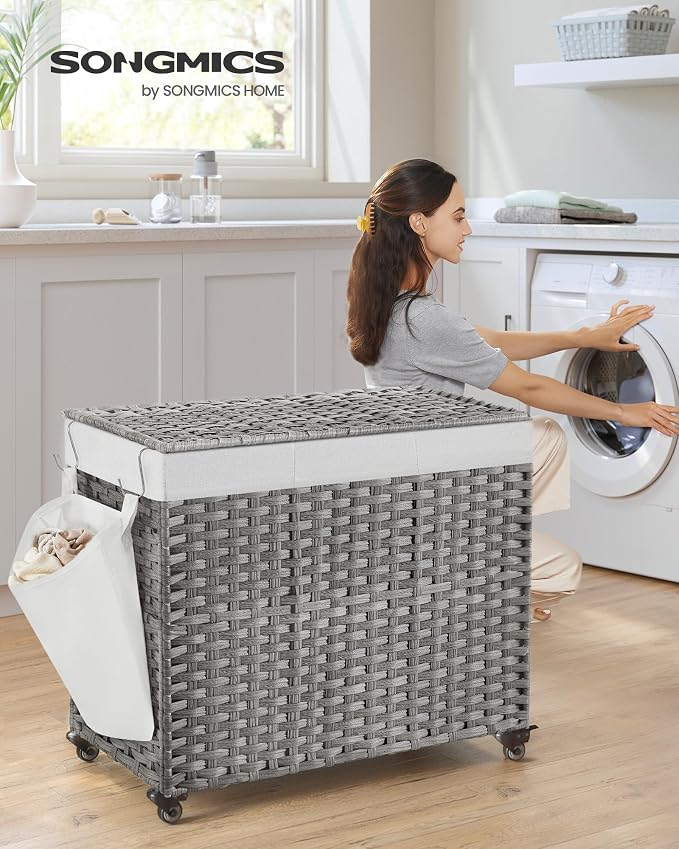 SONGMICS Laundry Hamper with Lid, 42.3 Gallons (160 L), Rolling Laundry Basket with Wheels, 3-Section Synthetic Rattan, Removable Liner, Bedroom, 29.9 x 13 x 26 Inches, Gray ULCB365G01 - Image 2