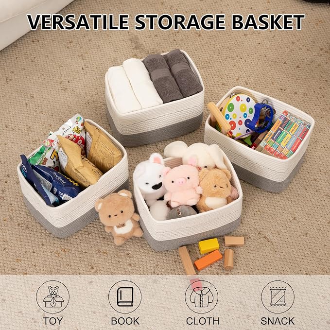 OIASKET 4 Pack Storage Baskets for Organizing, 13"X9"X7.87", Decorative Cotton Rope Baskets for Shelves, Small Woven Basket for Toys, Books and Towels, Grey & White - Image 2