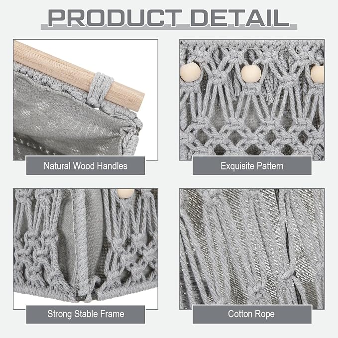 Vesici 4 Pcs Grey Macrame Storage Basket for Shelves 13 in 11 in Boho Storage Basket Hand Woven Boxes with Wood Handles Beads Decorative Countertop Toilet Tank Cabinet Organizer for Home Room Decor - Image 3