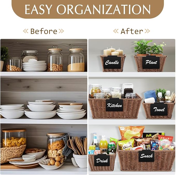 Marsui 6 Pcs Wicker Storage Baskets for Pantry Organization with Labels Handwoven Multi-size Brown Wicker Storage Bins for Organizing Small Baskets Container for Shelves Closet Toilet - Image 6