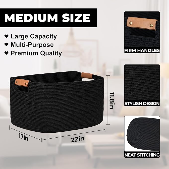 Large Blankets for Living Room, 72 L Woven Cotton Rope Baskets for Storage, Organizing Kids Toys & Dog Toys, Large Basket Organizer for Nursery, Bedroom, Bathroom, 22’’*17’’*11.8’’ Black - Image 2