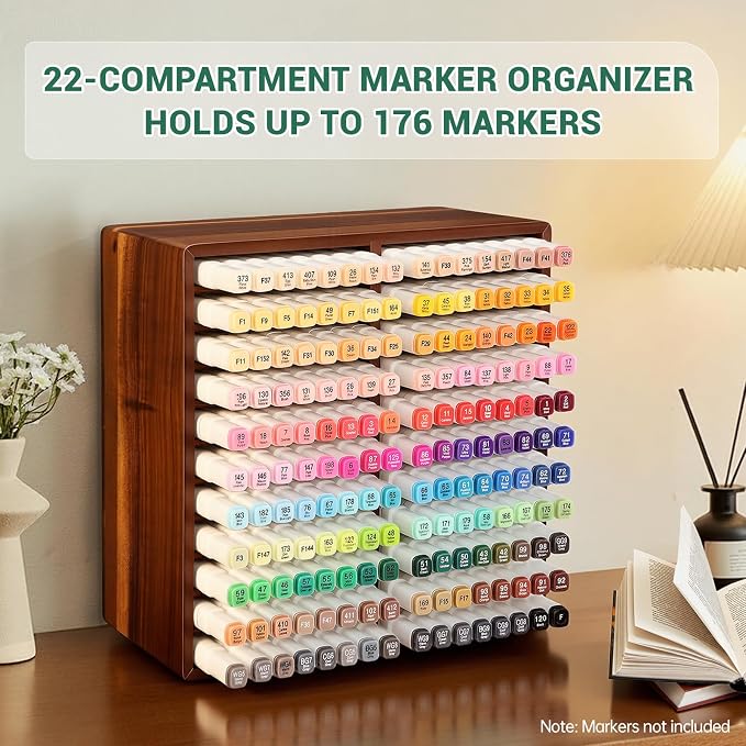 Acacia Wood Marker Organizer with 22 Compartments Holds 176 Markers, Alcohol Marker Storage Desk Organizer Pen Holder for Office Home Classroom Artists Kids Birthday Gift - Image 3