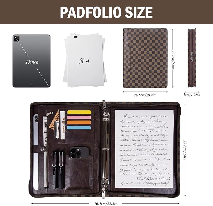 Calfinder Leather Portfolio Binder with Zipper, Brown Business Padfolio for Women and Men,3 Ring Padfolio with Pad 13" Holder for Interview（Brown-Grid） - Image 3