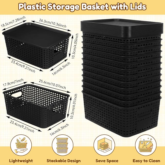12 Pack Plastic Storage Baskets with Lids Stackable Organizing Bins Storage Baskets Organizers and Containers for Closet, Pantry, Office, 10.2 x 7.2 x 4.1 Inches(Black) - Image 3