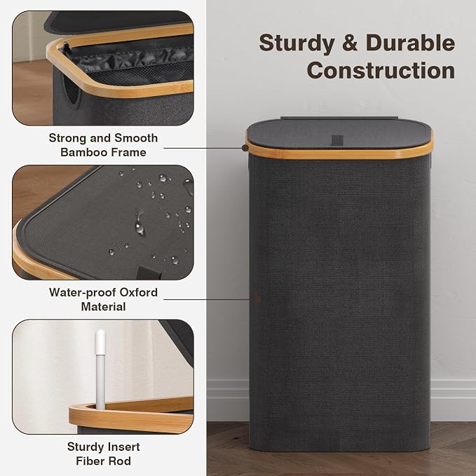 Laundry Hamper with Lid, Laundry Basket with Removable Bag, Grey | 100L Large Dirty Clothes Hamper with Handle, Freestanding Bamboo Laundry Hamper for Bedroom, Bathroom, Laundry Room - Image 6
