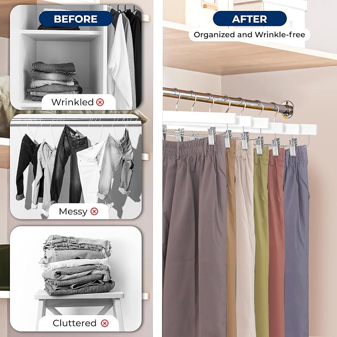 SereneLife Premium Wooden Pants Hangers 10 Pack, Solid 14" Wood Skirt Hangers with 2-Adjustable Clips, Heavy Duty & Anti Slip Wood Bottom Hanger for Slacks, Jeans, Trousers, Shorts (White) - Image 5
