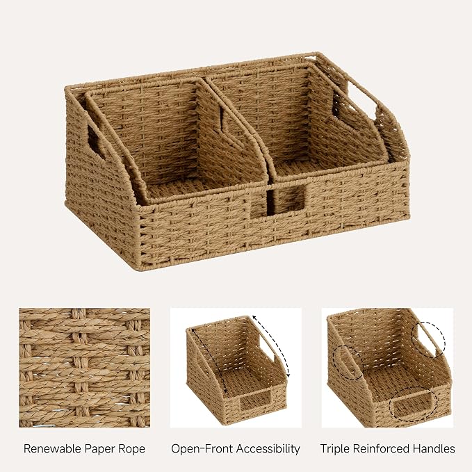 StorageWorks Paper Rope Shelf Baskets,Pantry Storage Baskets,Natural,3-Pack | Pantry Storage Baskets,Wicker Baskets with Handles,Handwoven Wicker Storage Baskets for Shelves,Pantry Organizers and Storage - Image 3