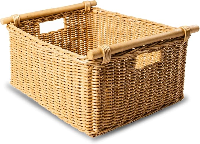 The Basket Lady Deep Pole Handle Wicker Storage Basket, M, Sandstone | Outside: 13.5" L x 14" W x 9" H | Inside: 12"L x 12"W x 8"H - Handcrafted by artisans from natural rattan by TheBasketLady
