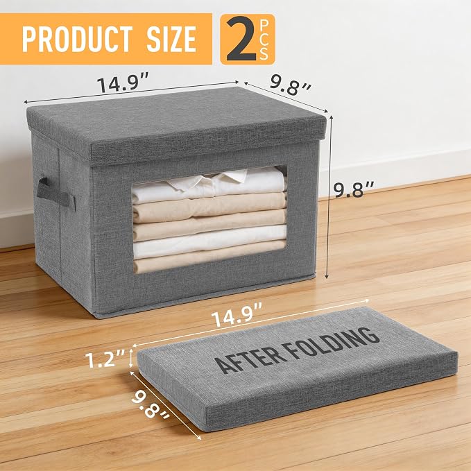 3-Pack Storage Bins with Lids & Clear Window, Foldable Fabric Closet Organizer Boxes, Stackable Cube Baskets with Soft Handles for Clothes & Blankets, 15", Grey - Image 3