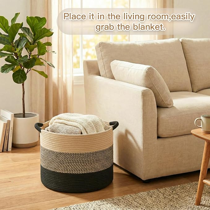 Artfeel 100L Large Cotton Rope Basket, Decorative Woven Blanket Storage for Living Room, Boho Toy Storage & Toy Box for Kids, Versatile Laundry Basket & Nursery Hamper for Blankets(BlackBrown) - Image 2