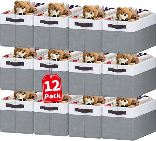 12 Pack Large Fabric Storage Baskets | Grey Collapsible Closet Organizers with Handles | 14"x10"x9.5" for Home, Nursery, Bathroom & More by Criusia