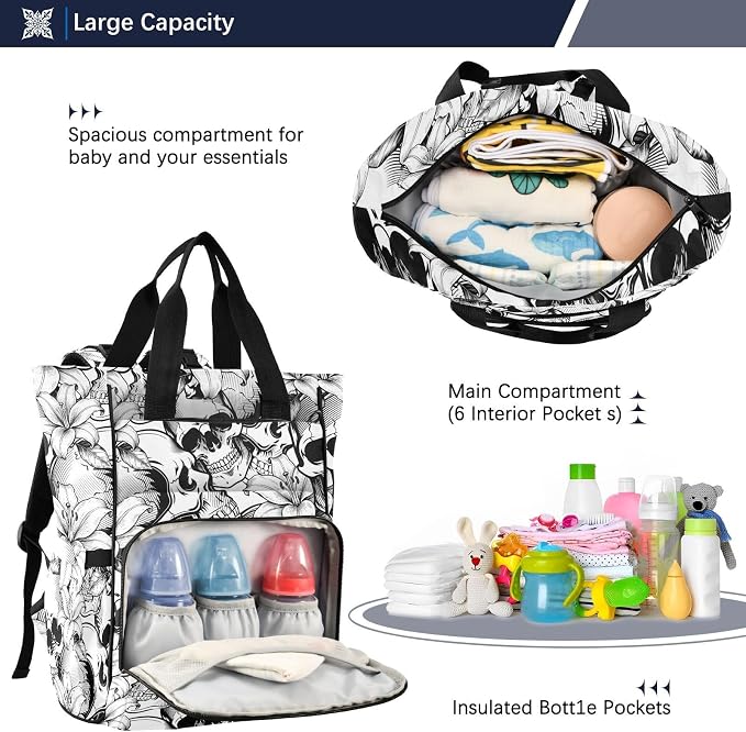 MNSRUU Diaper Bag Goth Skull White Diaper Bag Backpack Multifunction Travel Diaper Bag Tote Large Capacity Diaper Changing Backpacks for Moms Dads - Image 5