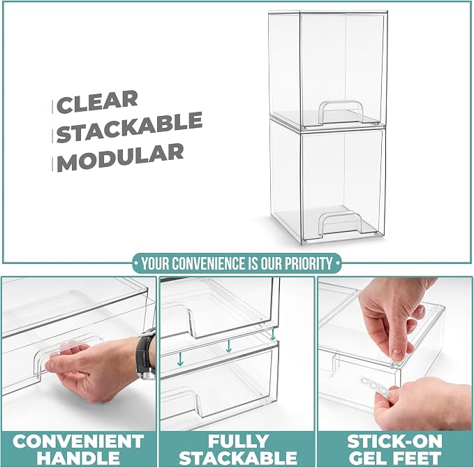 Sorbus Clear Stackable Storage Drawers (2 Pack, 7.6'' Tall) | Acrylic containers with pull-out bins keep cosmetics, brushes and daily items sorted on bathroom counters or in cabinets. - Image 5