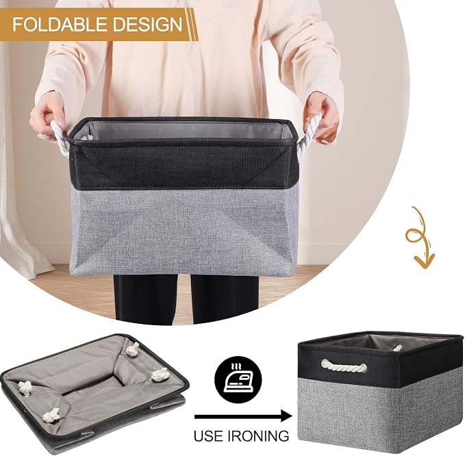 FoldTier 10 Pack Large Collapsible Fabric Storage Baskets with Handles Decorative Storage Bins for Organizing Shelves Toys Clothes(Black & Gray,16 x 12 x 10 Inches) - Image 6