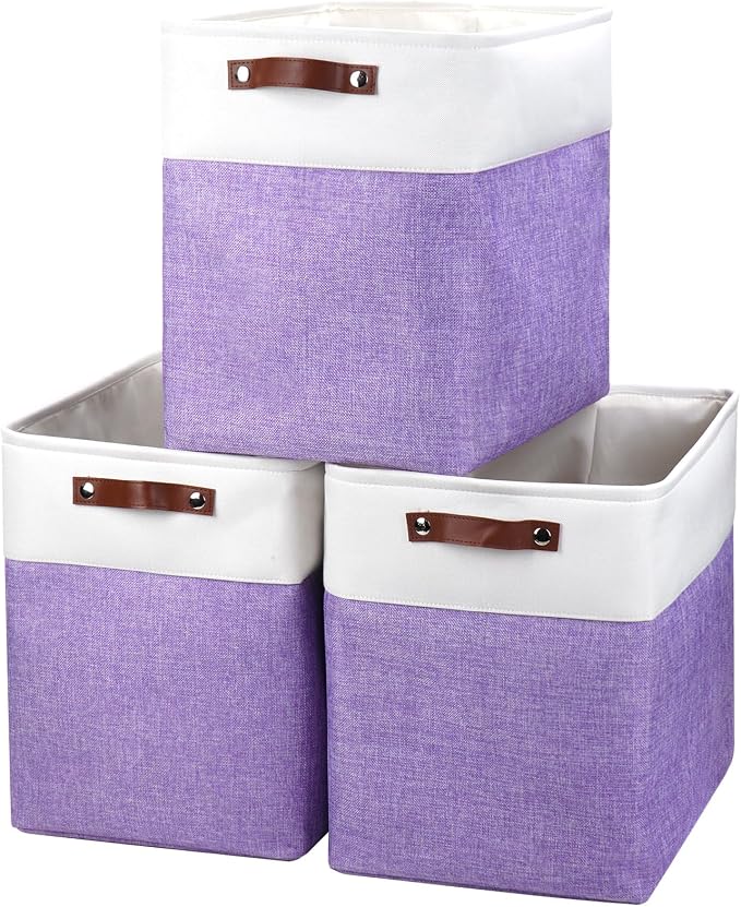 Large Fabric Storage Baskets | 50L Storage Bins, Decorative Linen Closet Baskets with Handles for Organizing, Shelf, Toys, Clothes, Home, Office, Nursery, 17x12x15Inches (Purple&White) by Bagnizer