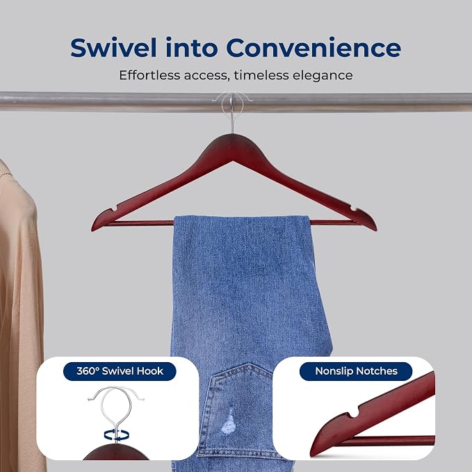 SereneLife 10-Pack Wooden Coat Hangers – Durable Suit Hangers with 360° Swivel Hook & Notches – Slim Design for Sweater, Shirts, Jackets, Dresses, and More - Image 6