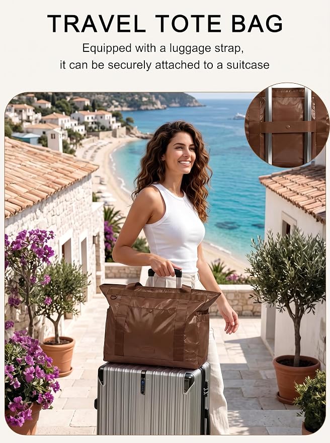 FHELAD Extra Large Glossy Tote Bag for Women, Beach Shoulder Bag 25L | Waterproof Sandproof, 15.6" Laptop Compartment, Luggage Strap, Work, Travel - Image 5