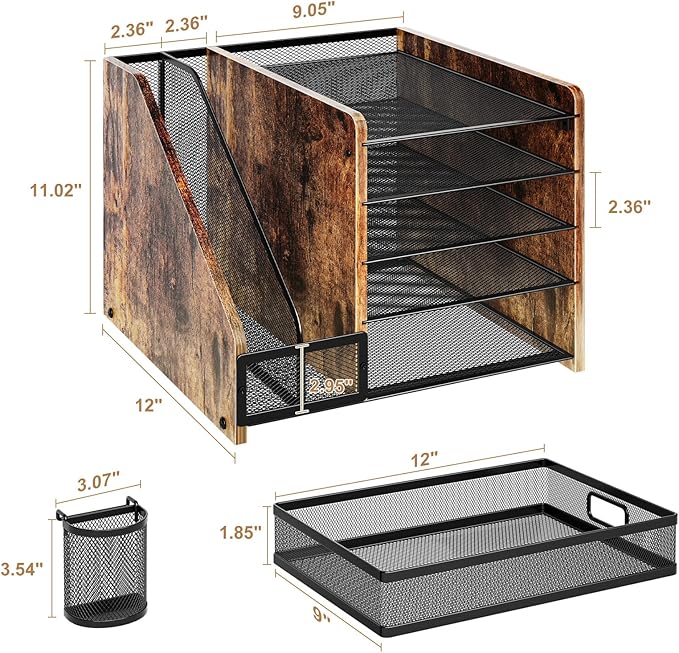 Marbrasse Desk Organizer with File Holder, 5-Tier Paper Letter Tray Organizer with Drawer and 2 Pen Holder, Mesh Desktop Organizer and Storage with Magazine Holder for Office Supplies (Wood-Brown) - Image 6