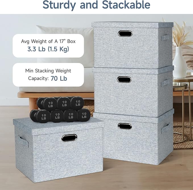Storage Bins with Lids Fabric Closet Organizers Cubes Office Organization | 36 Quart 3 Pack Blue-Grey Collapsible Stackable Linen Fabric 4 Handles Bedroom Closet Cabinet Under Bed Clothes Toy Office - Image 3