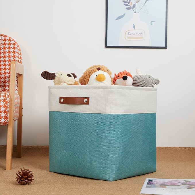 DULLEMELO Storage Bins for Organizing,Closet Storage Baskets for Gift Empty,Large Linen Canvas Storage Bins with Handles for Home Office Toys Shelves(White&Teal, 13 inch Cube) - Image 3