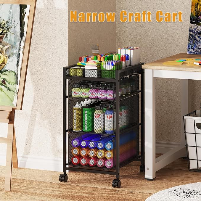 Rolling Utility Cart with 3 Drawers, Craft Organizer and Storage with DIY Divider, Lockable Wheels, Multi-Functional Storage for Art Supplies, Store for Brushes & Paints & Small Parts(Patent Pending) - Image 8