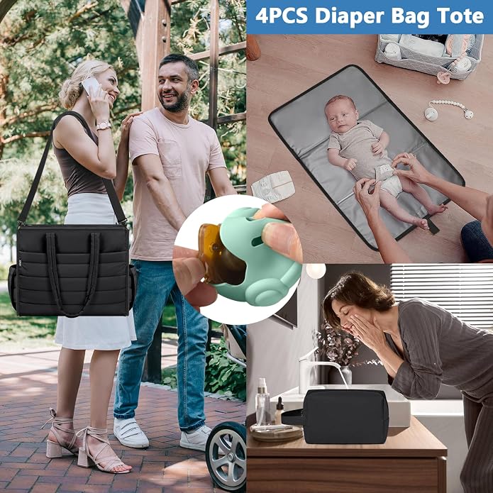 Diaper Bag Tote for Baby, Large Hospital Mommy Bag for Labor Delivery | Lightweight Puffy 4pcs Diaper Tote with Changing Pad, Toiletry Bag and Pacifier Case, Travel, Hospital, Newborn Essentials - Image 2