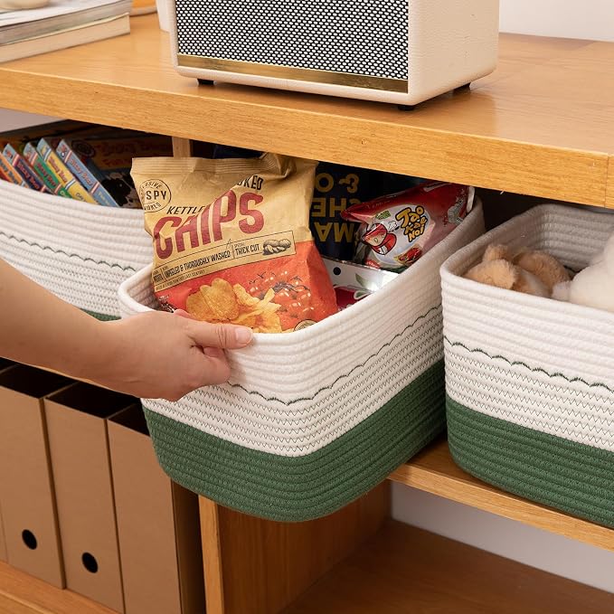 OIASKET 4 Pack Storage Baskets for Organizing, 13"X9"X7.87", Decorative Cotton Rope Baskets for Shelves, Small Woven Basket for Toys, Books and Towels, Green & White - Image 5