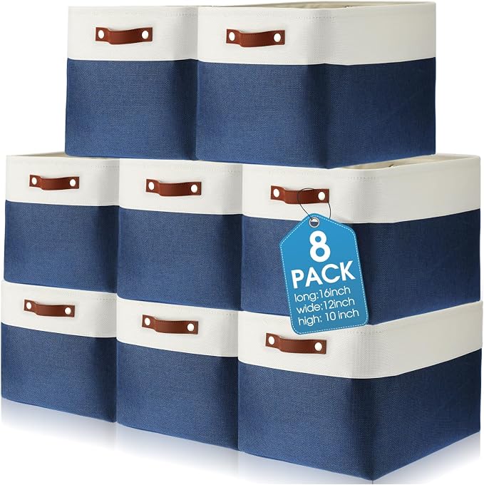 Uiifan 8 Pack 16 x 12 x 10 Inch Large Storage Baskets Collapsible Fabric Storage Cubes Bins with Handles for Shelves Closets Nursery Home Clothes Toys Organizers, Blue by Uiifan