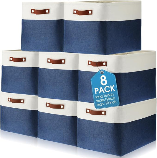 Uiifan 8 Pack 16 x 12 x 10 Inch Large Storage Baskets Collapsible Fabric Storage Cubes Bins with Handles for Shelves Closets Nursery Home Clothes Toys Organizers, Blue by Uiifan
